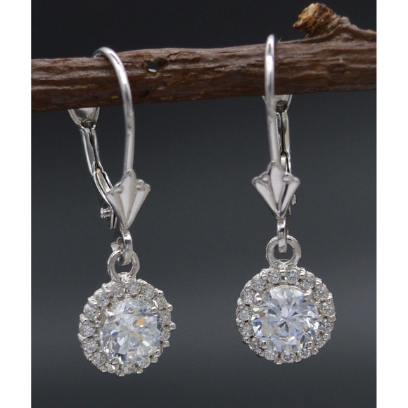 14K Solid White Gold White CZ Round Halo Leverback Earrings